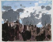 Clouds Over Treeline, Original Landscape Collage Painting on Paper