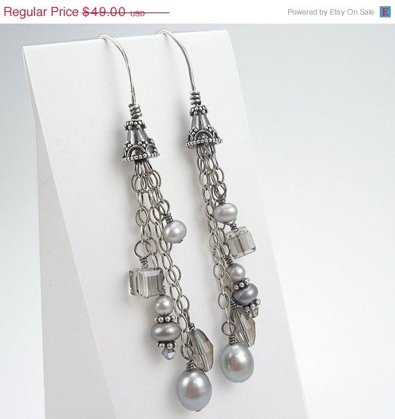 30% off SALE Silver Pearl Chain Earrings, Sterling, Black Diamond Swarovski Crystals