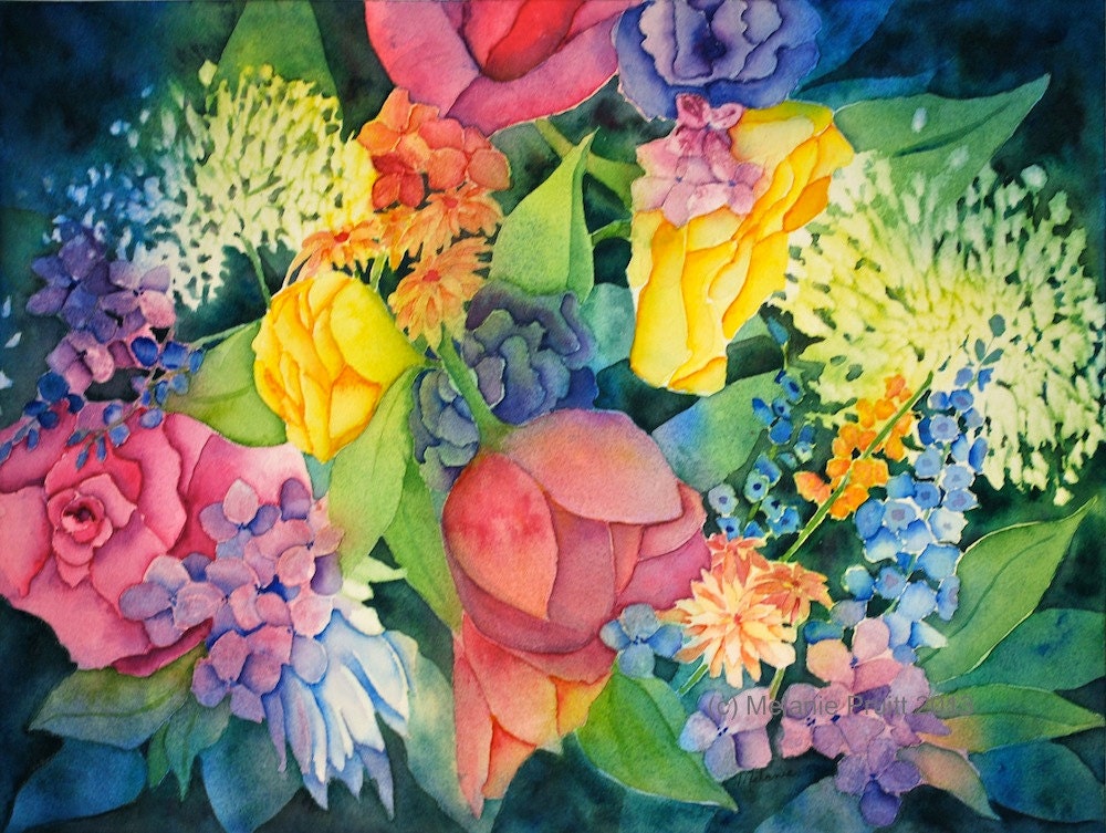 ORIGINAL watercolor Cottage Flower Garden Bouquet 12x16 Painting by M. Pruitt