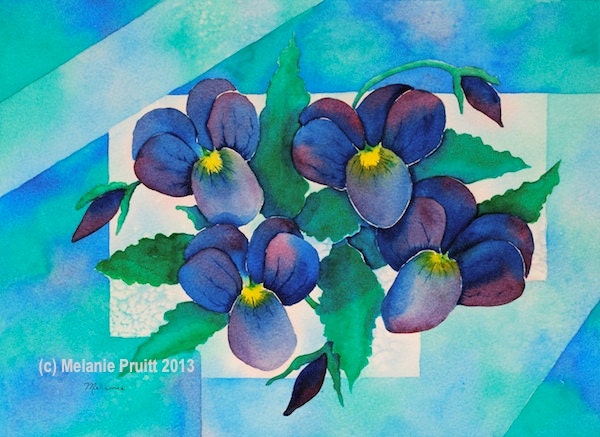 Wild Pansies ORIGINAL 11x14  floral geometric blue purple teal pansy Johnny Jump Up garden Watercolor Painting by Melanie Pruitt EBSQ