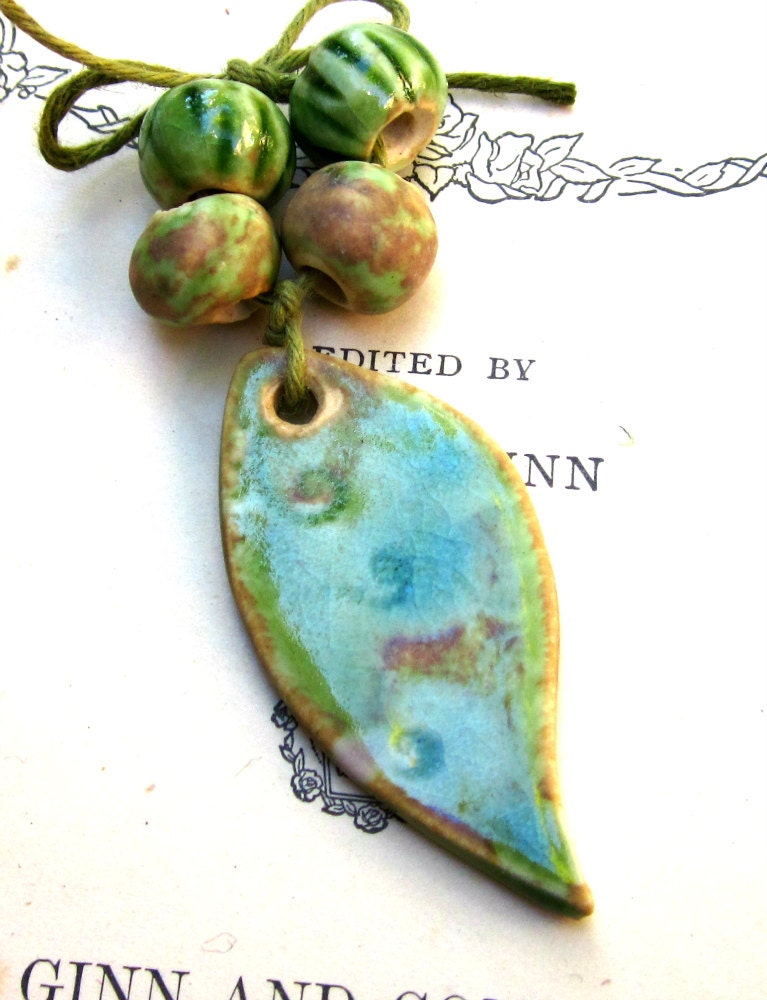 Turquoise and Avocado Tear Drop Ceramic Pendant and Bead Set Handmade