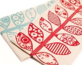 Hand Printed Cotton Tea Towels, Set of Two, Red and Aqua, Anna Joyce Textile Collection