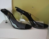 Clear ONEX Pumps.  Peeptoe Slingback Pumps.  Clear heels stilettos.  Black trim.  Size 8.