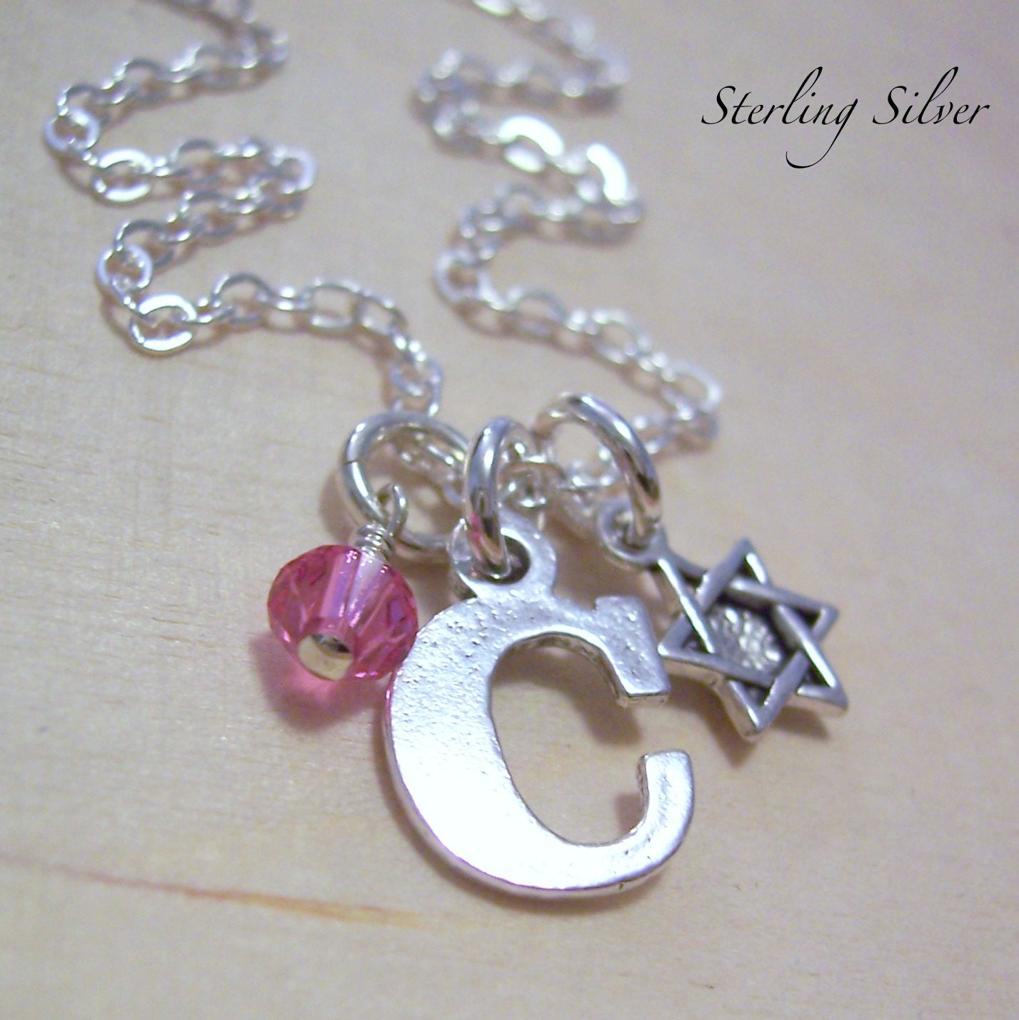 Personalized Sterling Silver Star of David Charm Necklace - Initial Charm Necklace - Letter and Birthstone Jewelry