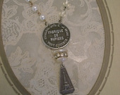 Paper Doll - Antique 1921 French Paper Mill Token Paris Charm Pearls and Rhinestones Recycled Repurposed Necklace