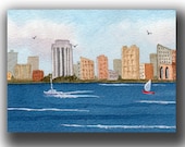 ACEO watercolor original MIAMI sail skyline seascape