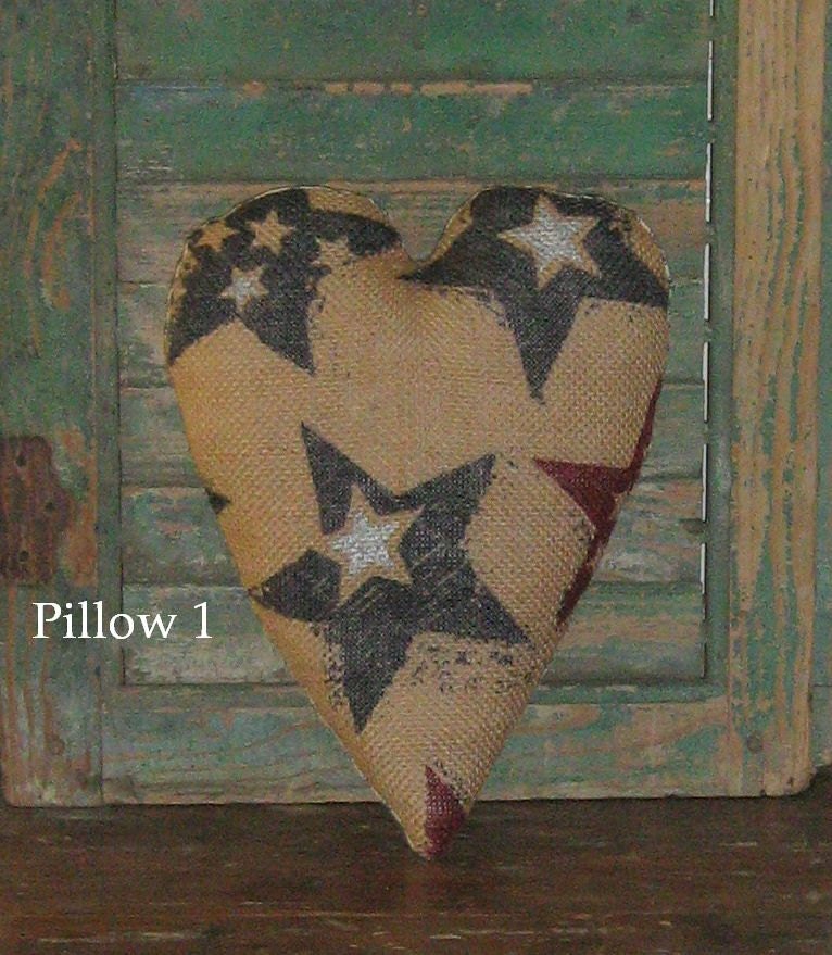 Primitive Burlap Heart Pillow - Americana - Cranberry Burgundy Navy Blue Stars - Patriotic - Shelf Sitter - Tuck