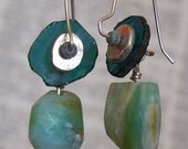 Fine Silver forged disc, Roman Glass, Peruvian opal, Serling Silver earrings