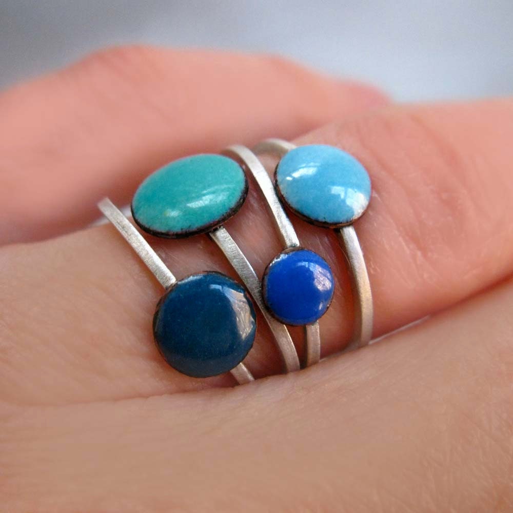Set of 4 Colorful Enamel and Sterling Silver Stacking Rings: Robins Egg, Sky, Peacock, Cornflower Blue, Made to Order in Your Ring Size