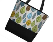 Large Tote Bag Purse / Boy Diaper Bag / Cute Cotton Tote Bag / Zippered Canvas Tote / Teacher Tote / Leaf Blue Green (RTS)