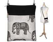 Sling Bag Shoulder Purse Elephant Cross Body Bag Small Travel Purse Zipper Fits eReaders Paisley Gray Black (RTS)