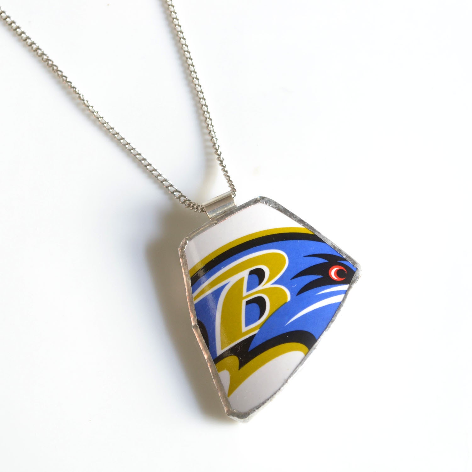 Broken Plate Pendant on Chain - Ravens - Recycled China