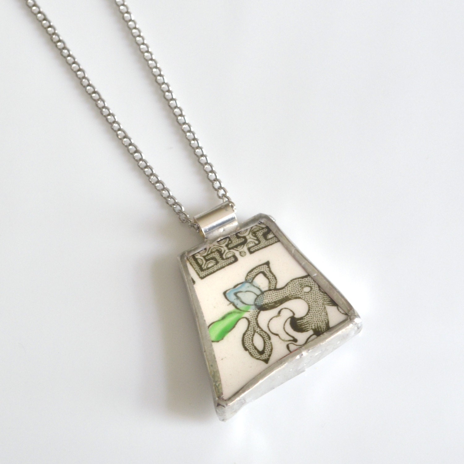 Broken Plate Pendant on Chain - Indian Tree - Recycled China
