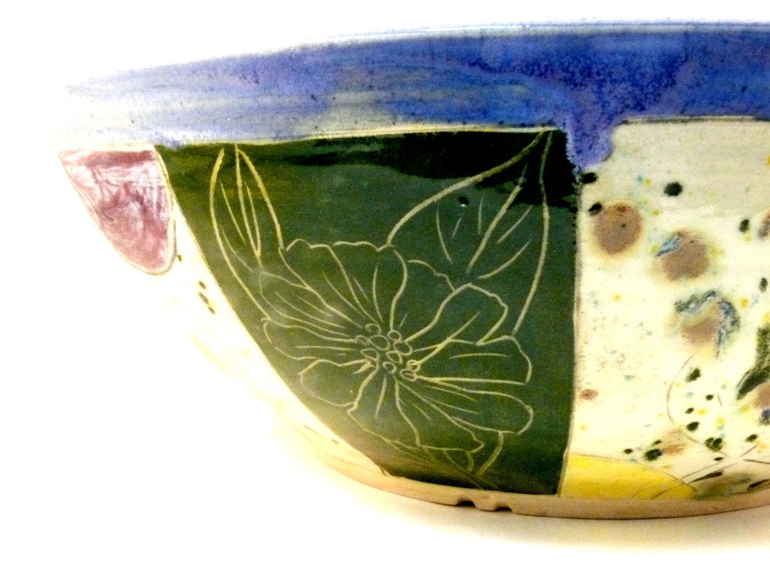 Big periwinkle purple handmade ceramic kitchen serving bowl with owl IN STOCK functional art color blocks