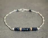 Ink blue sapphire minimalist sterling silver bar bracelet