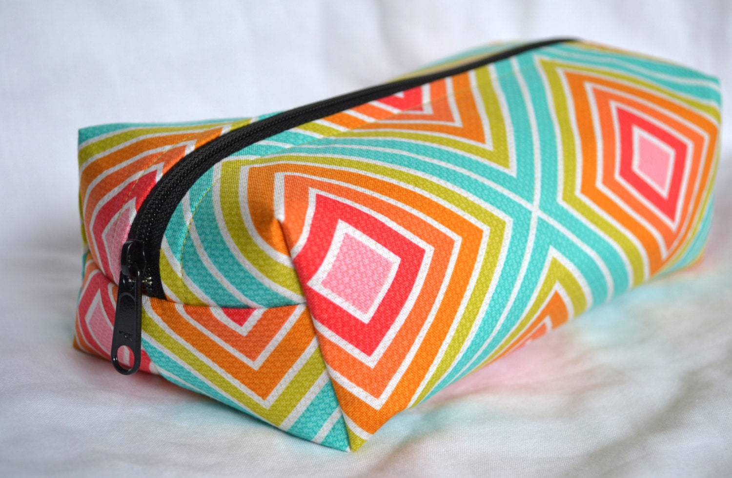 Boxy Cosmetic Zipper Pouch  - Modern Diamond in Aqua, Green Orange, Pink