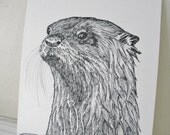 Animal Art River Otter Drawing Original Nature Art Ink Drawing Otter Wildlife Art Black and White Animal Illustration 5 x 8