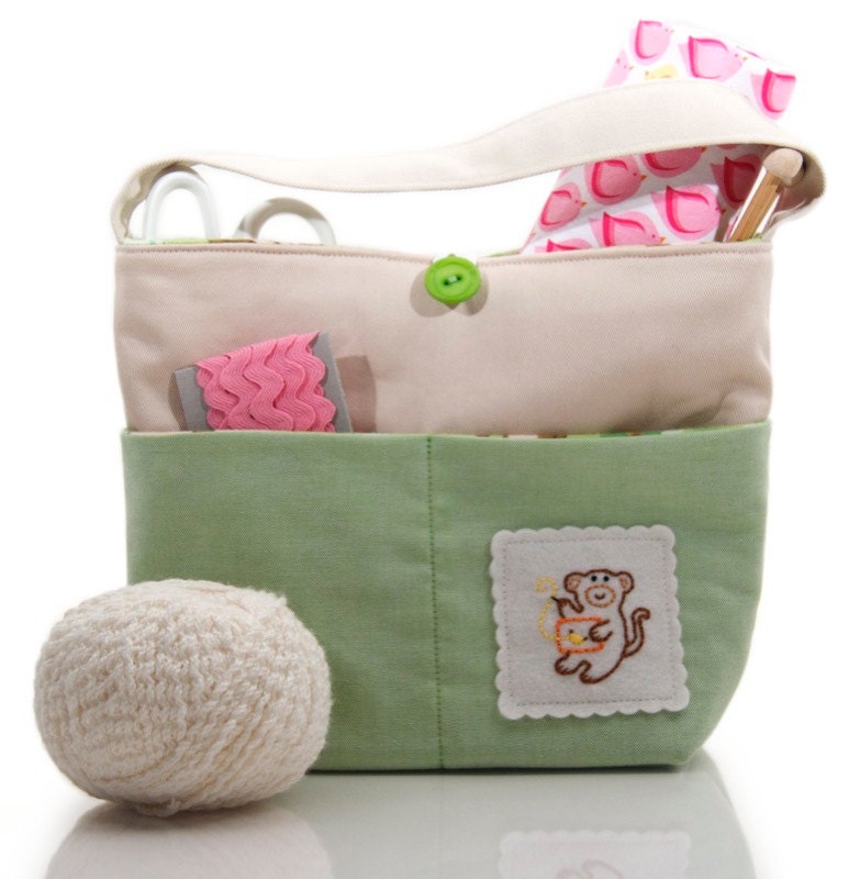 Fabric Project Tote, Green Tote Bag With Hand Embroidered Monkey, Knitting Bag, Sewing Bag, Project Storage