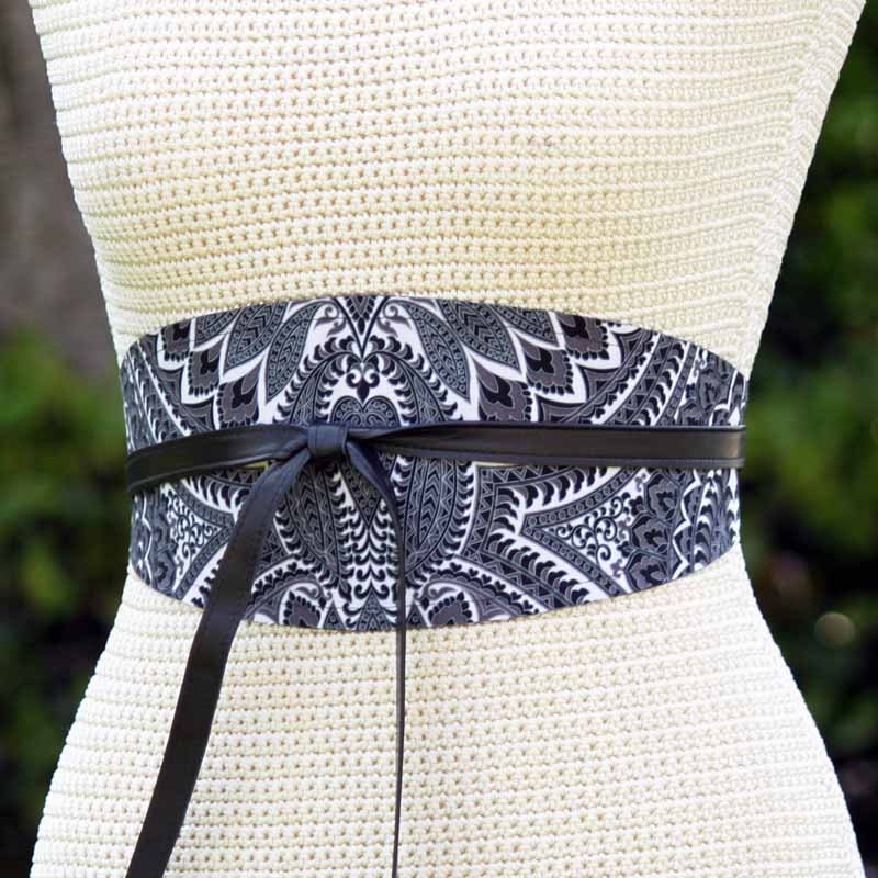 REVERSIBLE leather // black and white damask fabric obi wrap belt size xs s m l xl choice of leather color