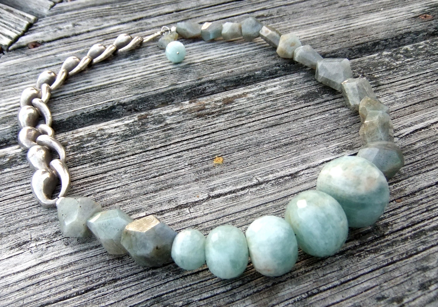 Ice LUXE Statement Necklace Faceted Aquamarine Labradorite Vintage Sterling Silver Asymmetric