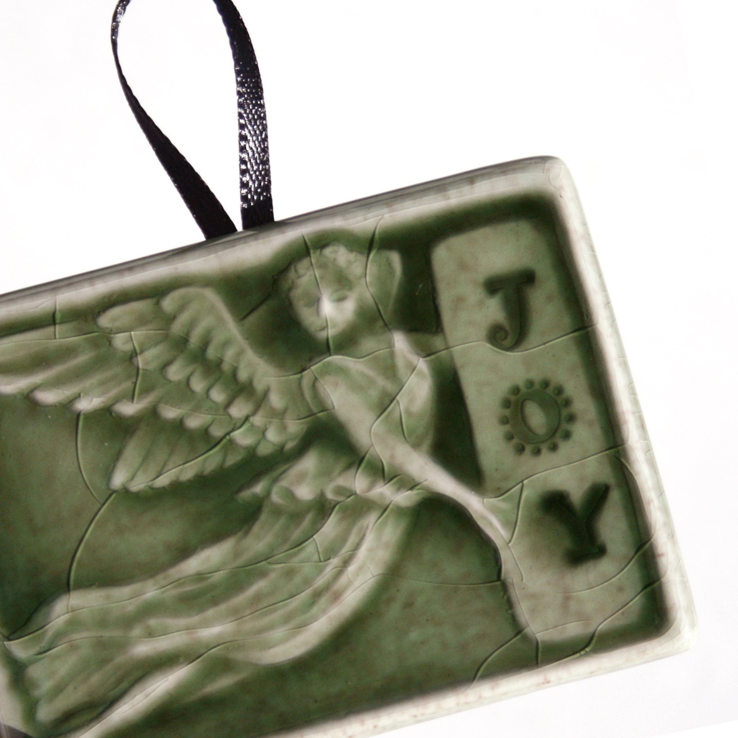 Angel full of JOY - handmade tile ornament glazed in soft fern green - window hanging or gift tag for home decor