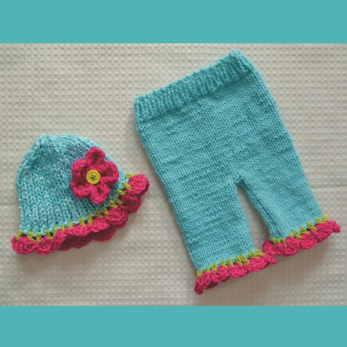 RTS Knit SPRiNG SuMMER EaSTeR Newborn 0 to 3 month Girl Pants Hat Set BaBy PHoTo PRoPs Ocean Aqua w Lime Hot Pink TRiM & FLoWeR CLoChe