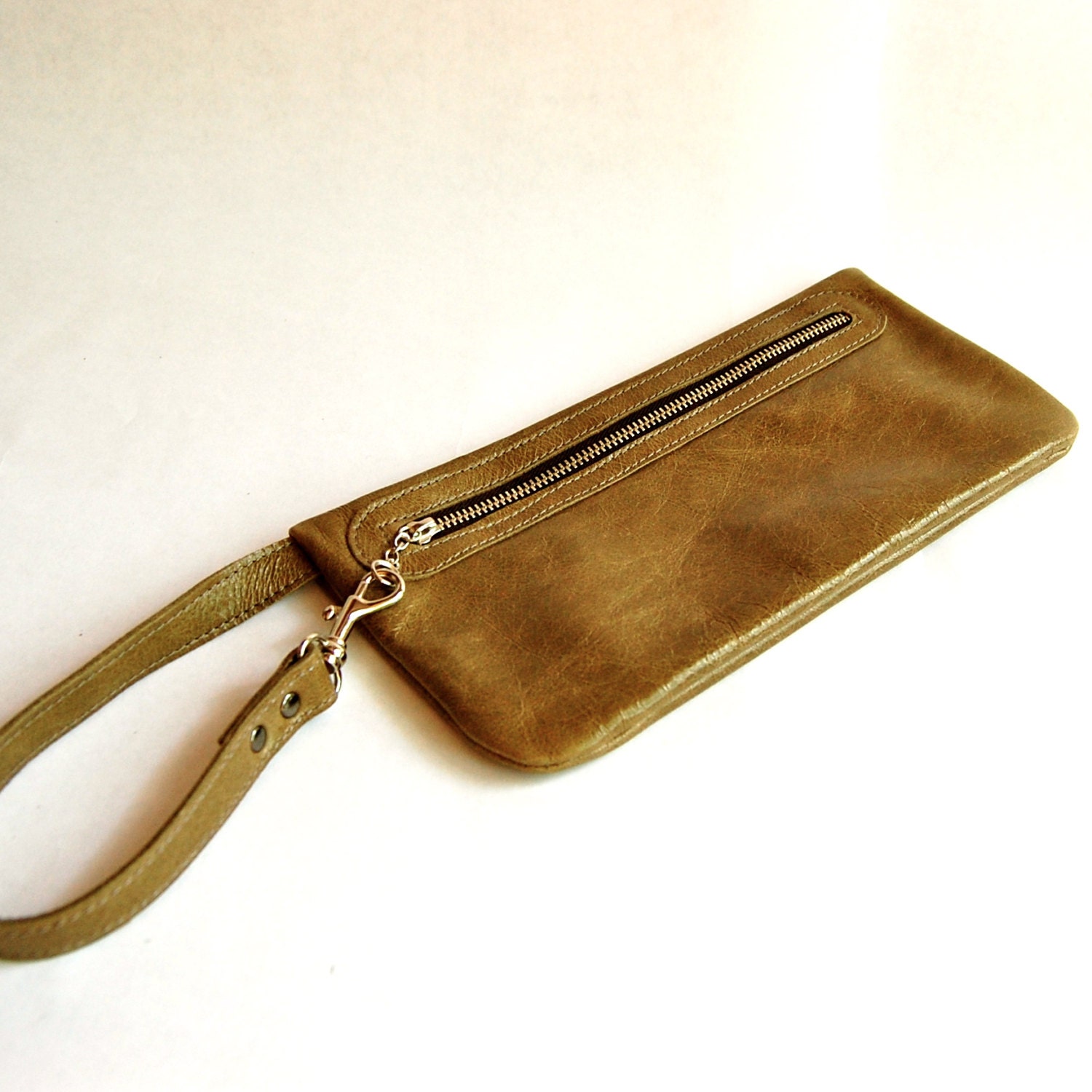 Salvaged Leather Sage Green Zip Clutch