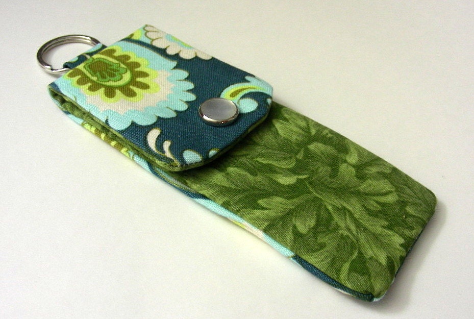 Mini Snap Pocket Lip Balm, USB Thumb Drive Holder Keychain  Green Blue Print