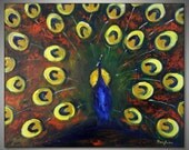 PEACOCK Painting ORIGINAL Colorful Peacock Feathers - Yellow Green Blue Peacock Art on Canvas 30x24 by BenWill
