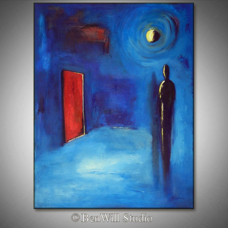 Blue Art ORIGINAL Abstract MODERN Art Figurative Oil Painting Surreal - Red Door - 36x28 Contemporary Art by BenWill