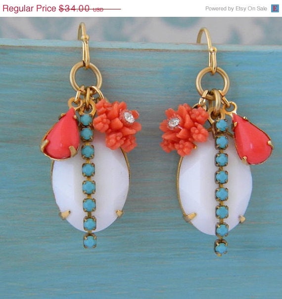Coral Turquoise Vintage White Opaque Swarovski Rhinestone Flower Earrings