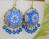 Bohemian Glass Cobalt Blue White  Mosaic Earrings