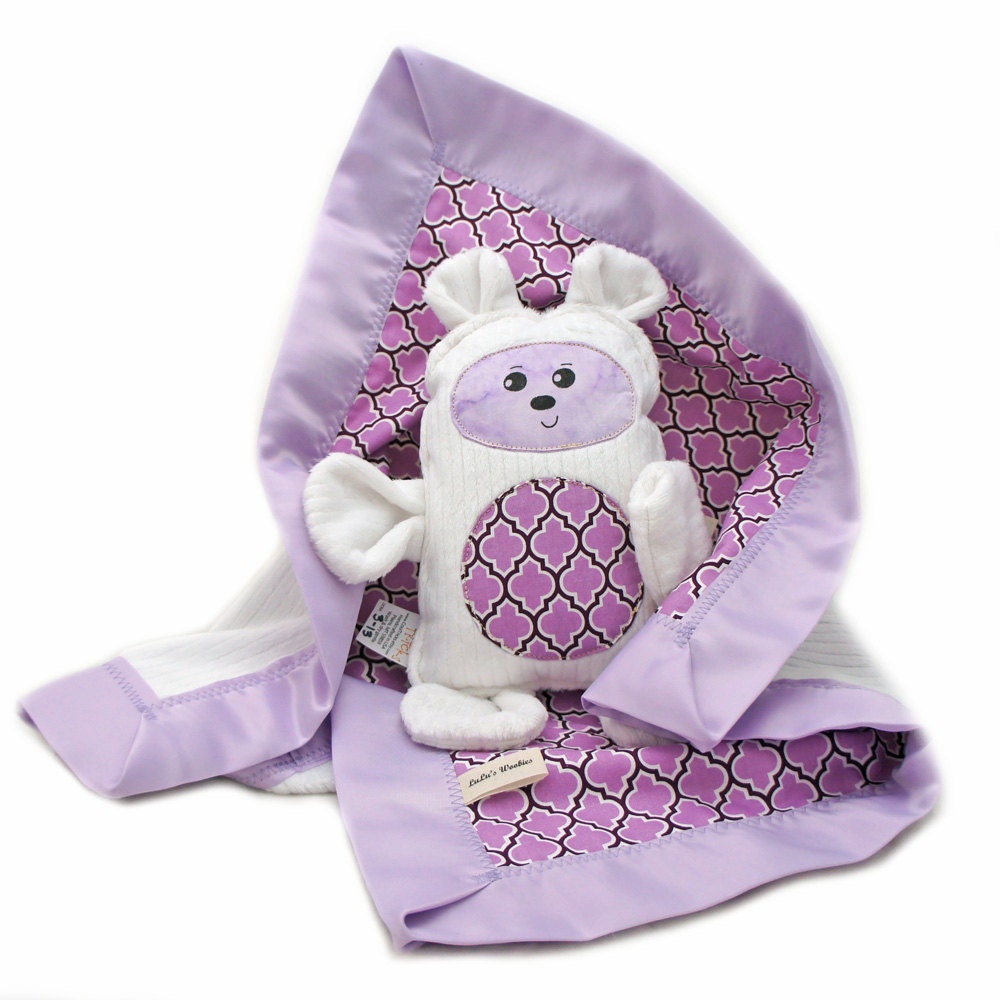 Baby Blanket w/ Plush Toy Polar Bear Lilac Lodge Lattice and White Minky Chenille Woobie