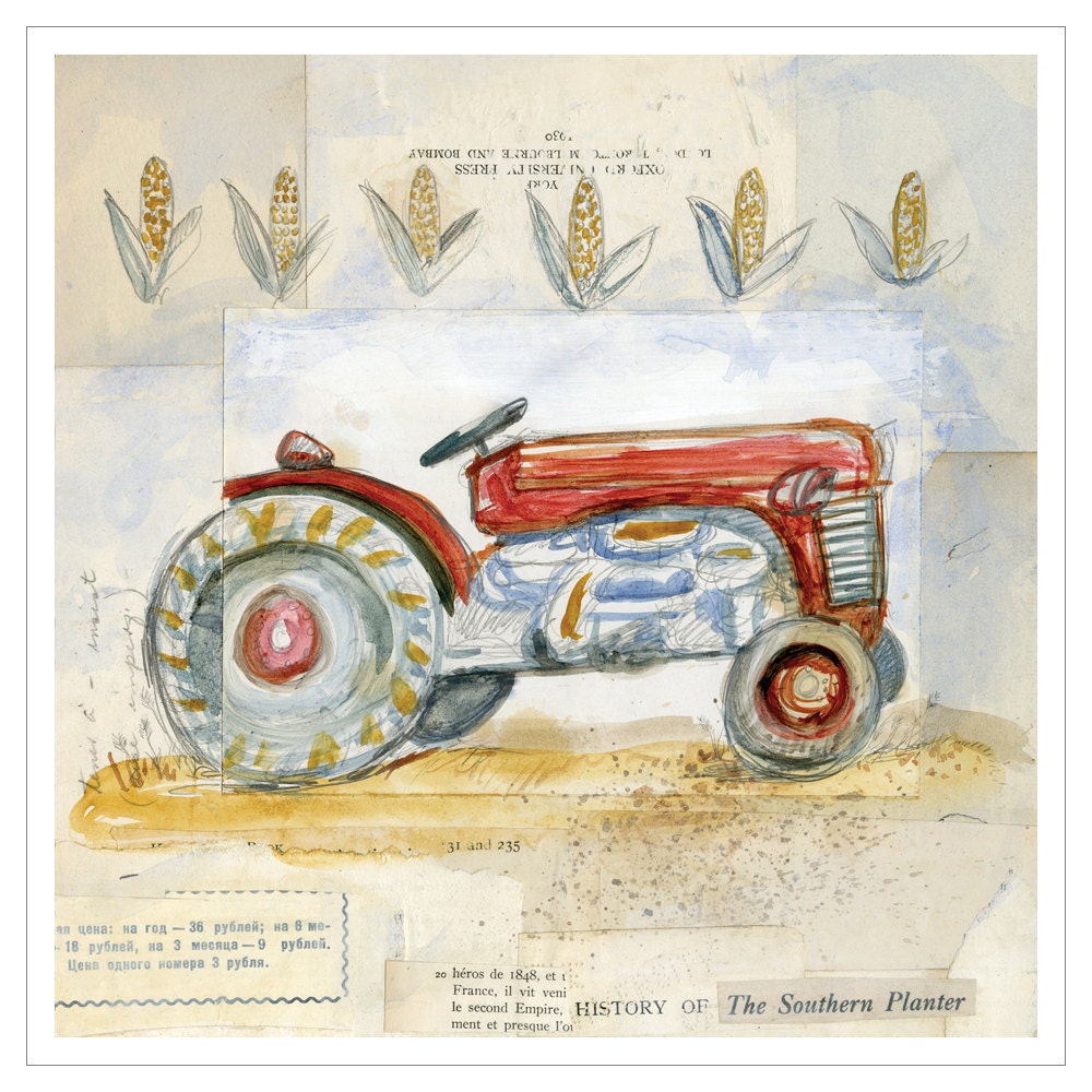 Pale Red Tractor Drawing & Illustration, Gold Cornfield, French Countryside Paper 12x12 Print