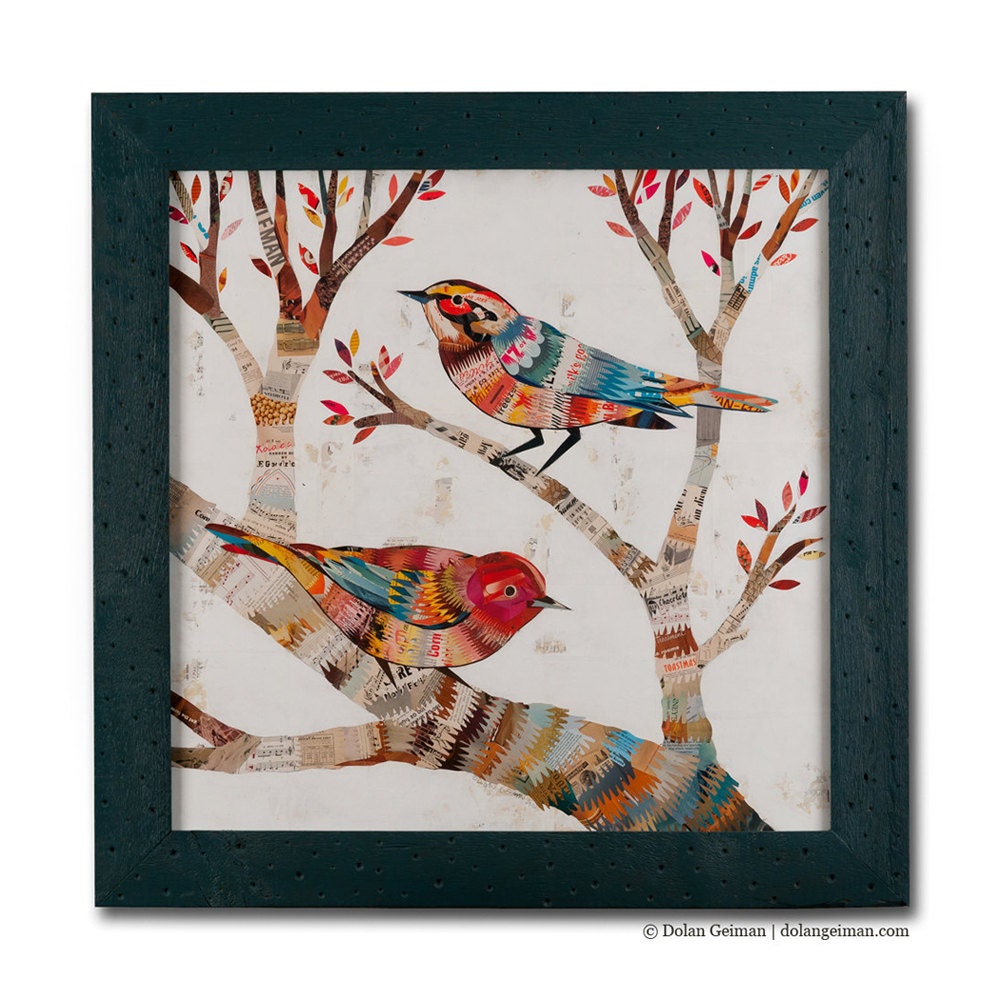 Romantic Lovebird Collage, The Warblers, Original Art and Frame, Made to Order