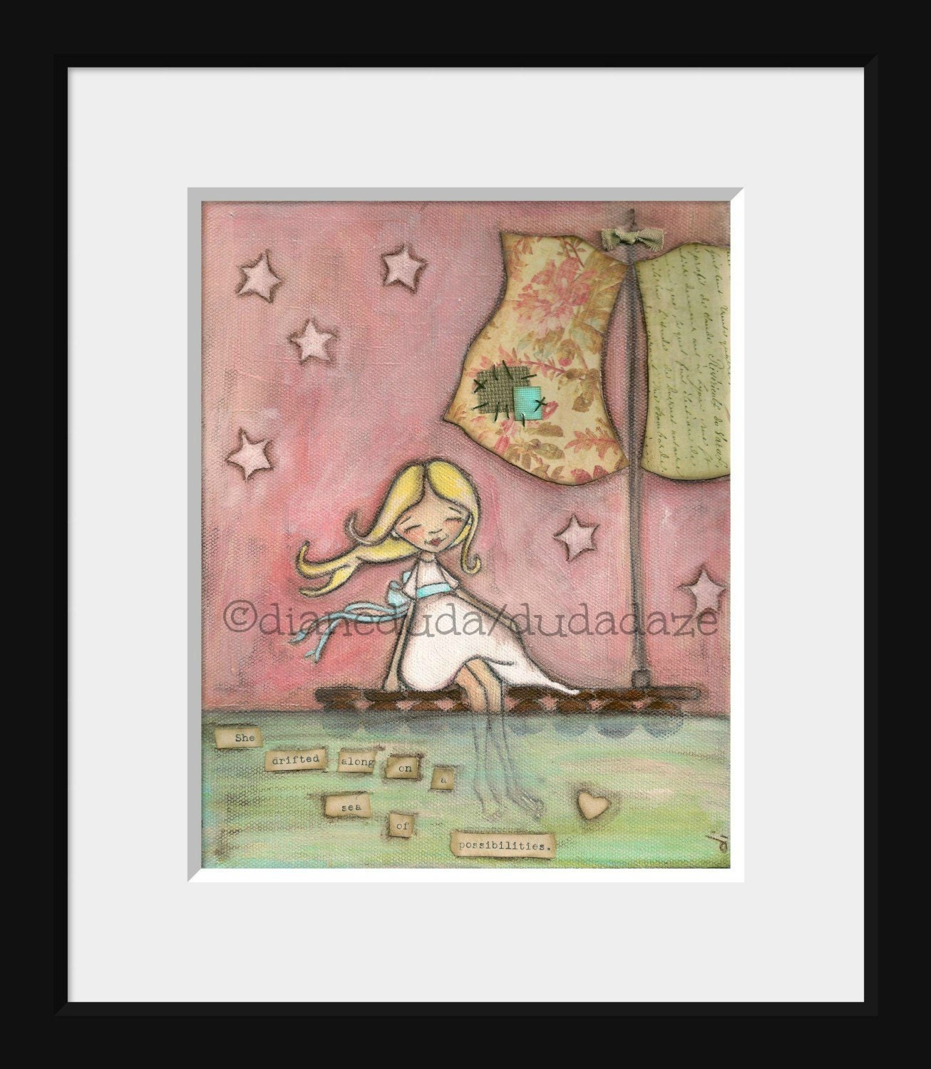 Print of my original folk art painting - Adrift - Duda Daze