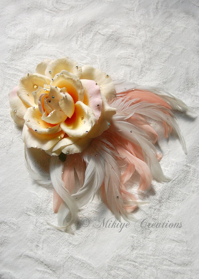 Floral Feather Headpiece, Bridal Hair Flower, Wedding Accessories - Bridal Hair Feather Flower Head Piece CLEARANCE
