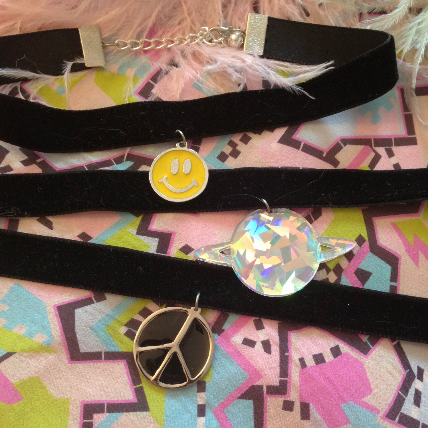 Totally Rad Black Velvet Chokers in Smiley Face, Planet, or Peace Sign