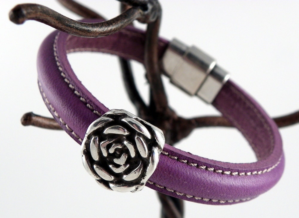 European Half Round Leather Bracelet - Purple Leather with a Flower Accent and Magnetic Clasp