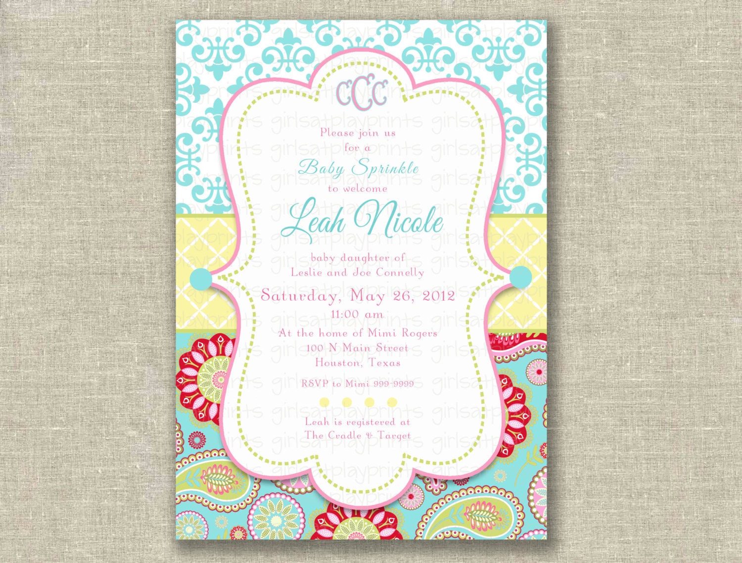 Baby Shower Girl Invitation Invite French Paisley Damask Turquoise Pink- Printable DIGITAL - by girls at play girlsatplay Il_570xn
