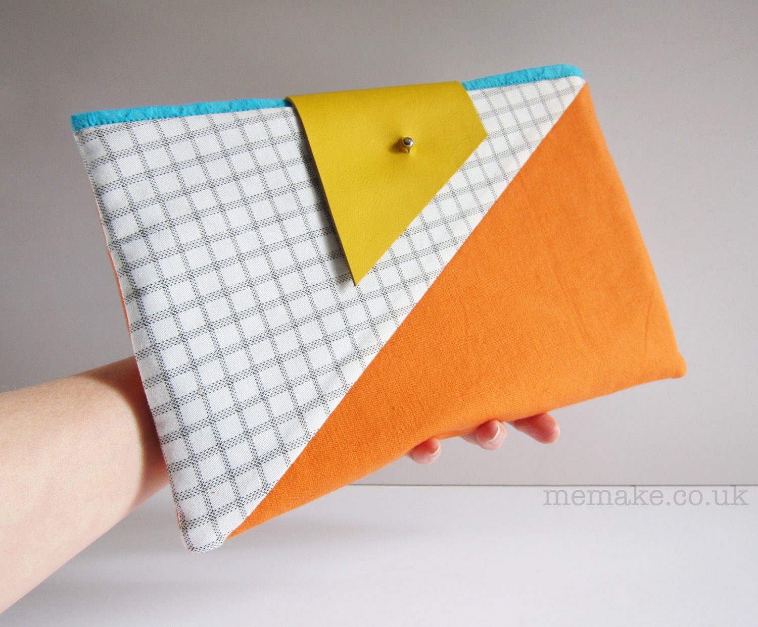 Geometric clutch purse orange yellow blue black white check cotton colour block bag leather flap memake handmade fashion accessory