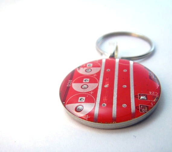 Recycled Circuit Board Keychain in Red Mens Fathers Day Graduation Gift