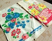 Blueberries and Daffodils 1940's Vintage Cute Colorful Kitchen Tea Towels Set of 2