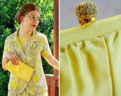 Buttercup 1950's 60's Vintage Yellow Satin Handbag Clutch Purse with Gold Rhinestone Clasp and Chain by Alaxanders // DEADSTOCK