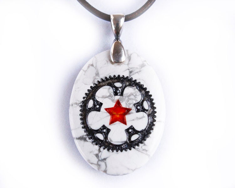 Bicycle Star Gear Bike Chainring Cycling Necklace - Engraved Stone Pendant