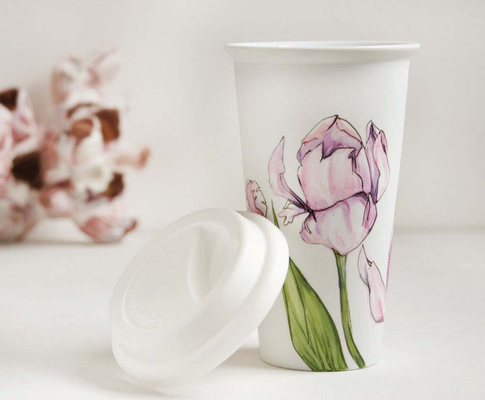 White Ceramic Travel Mug Double Walled Porcelain with Lid - Tulips, Botanical Collection - made to order