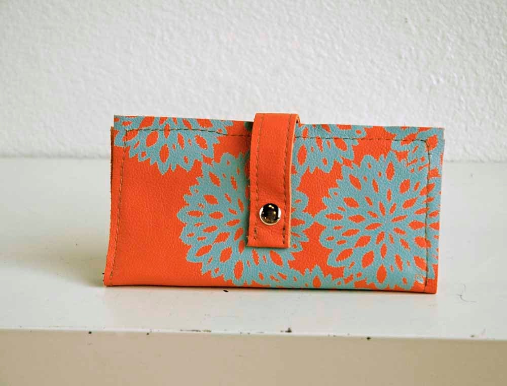 Orange Leather Wallet with Astera Print in Blue Grey