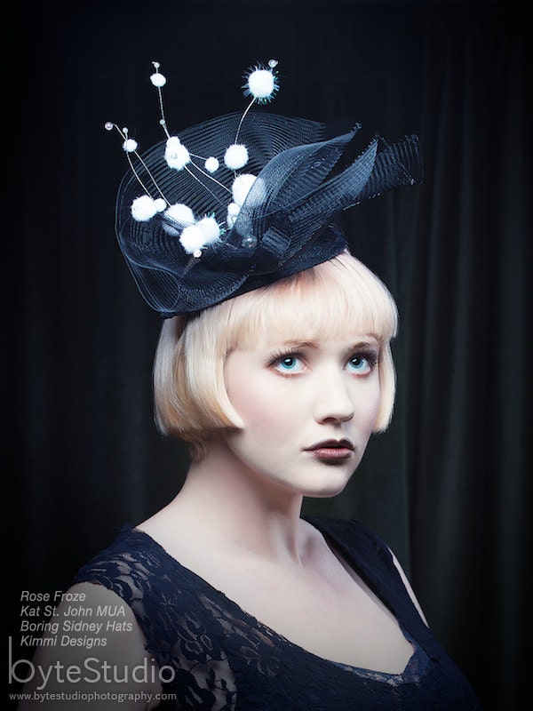 Fascinator, black hat, black headpiece, crinoline fascinator hat - Bobbles