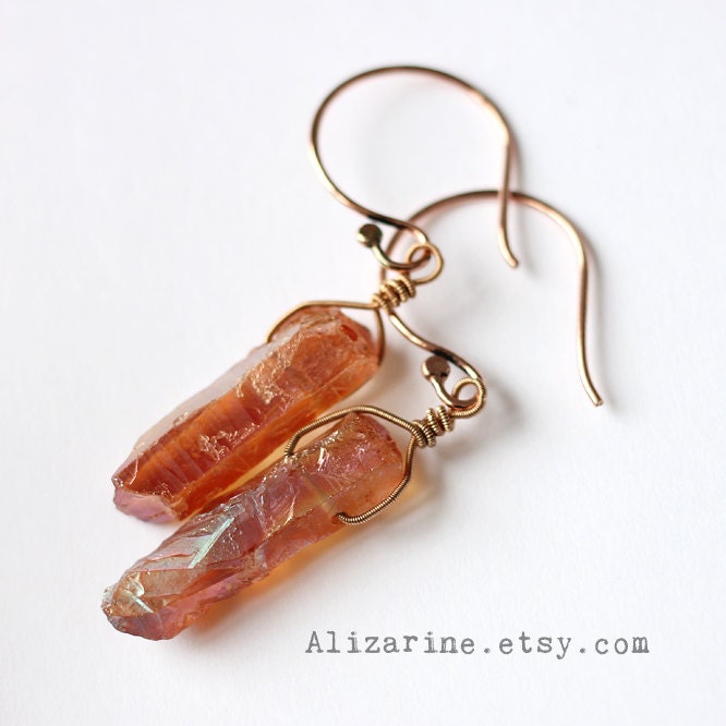 Strung-Out Guitar string earrings with funky orange crystal points