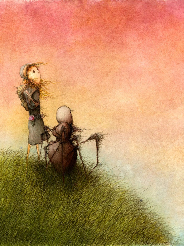Spider and I 5x7 fine art giclee print reproduction of an original watercolor and ink illustration